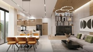 Trần Thạch Cao Phòng Khách Liền Bếp Kết Hợp Gỗ 1