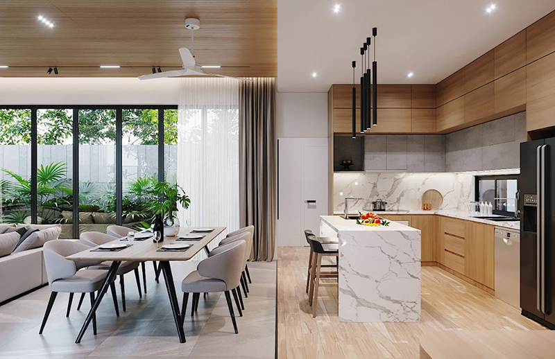 Trần Thạch Cao Phòng Khách Liền Bếp Kết Hợp Gỗ 3