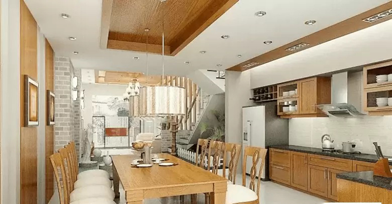 Trần Thạch Cao Phòng Khách Liền Bếp Kết Hợp Gỗ 4